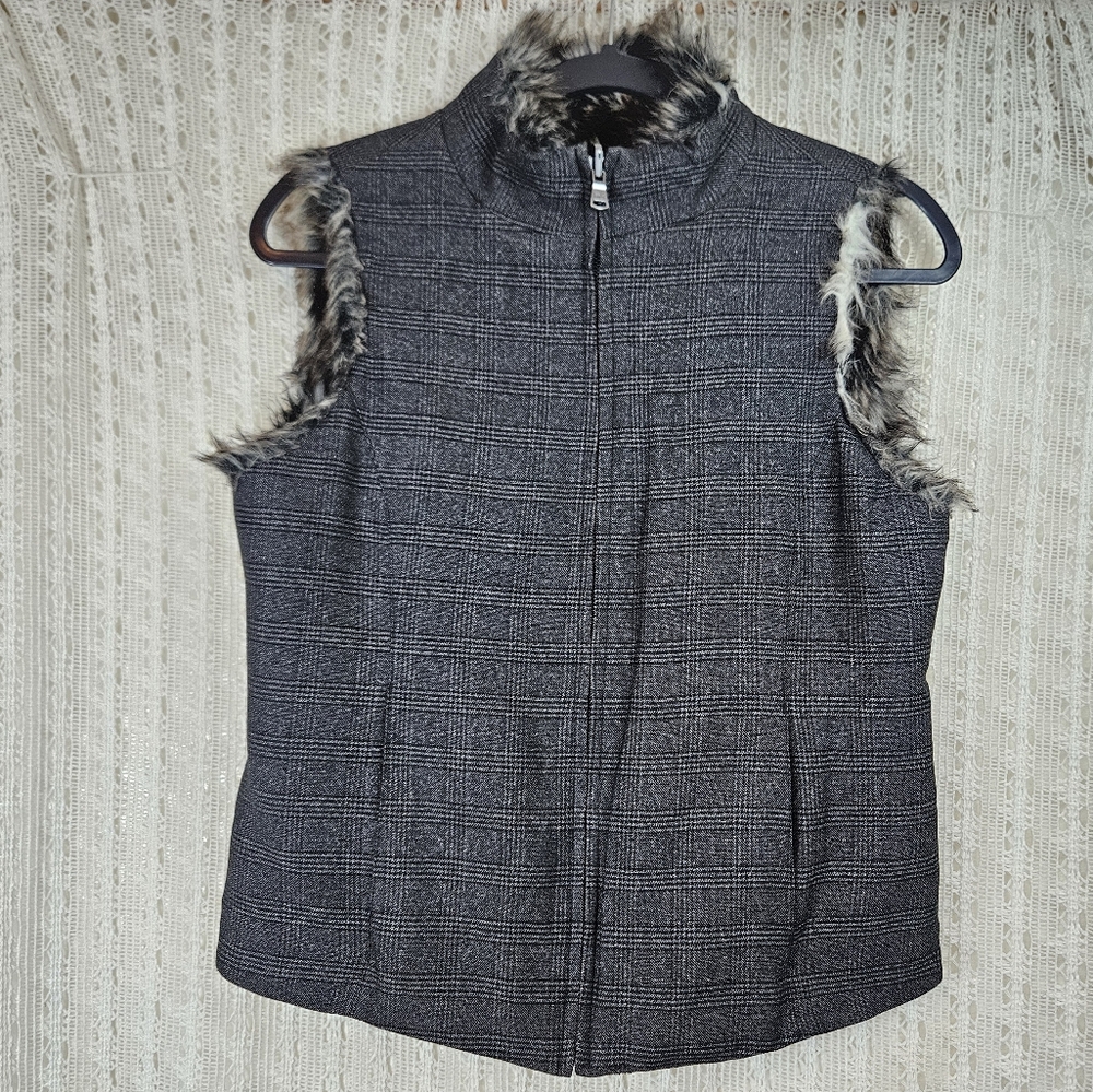 Calvin Klein Reversible Faux Fur Plaid Vest Gray Size XS